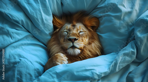 A serene lion peacefully sleeping on a cozy blue blanket, embodying calmness and comfort in a whimsical setting.