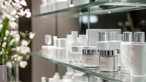 Beauty clinic skincare products on display glass shelves at beauty clinic shop. photo