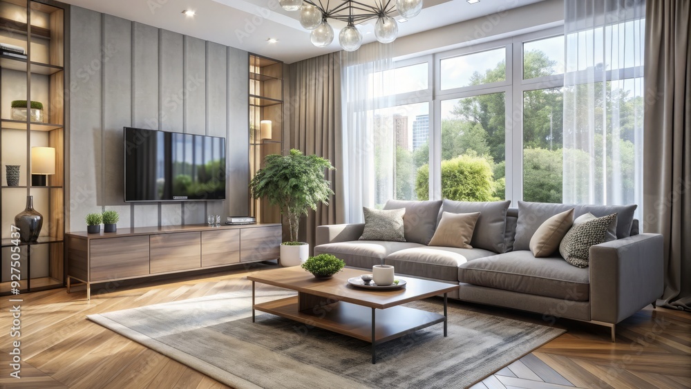 Fototapeta premium Cozy front room with comfortable grey sofa, glass coffee table, and modern TV stand, surrounded by large windows and soft, creamy curtains for relaxation.