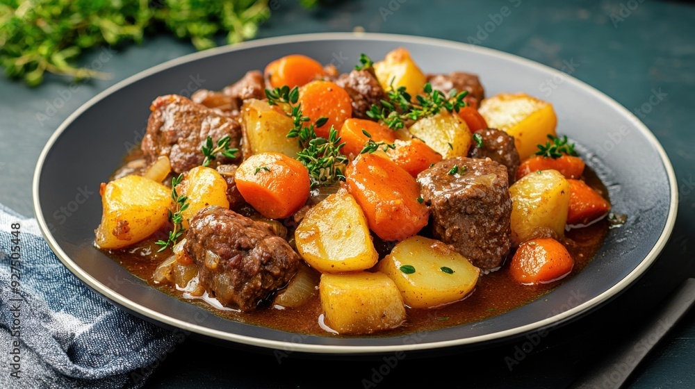 A plate of tender, slow-cooked beef stew, with chunks of carrots, potatoes, and onions, in a rich gravy A plate of tender, slow-cooked beef stew, with chunks of carrots, potatoes, and onions, in a rich gravy