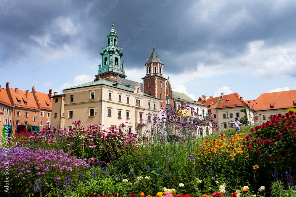 KRAKOW, POLAND - July 20, 2023: Summer view of Wawel Royal Castle complex in Krakow, Poland. It is the most historically and culturally important site in Poland. Flowers on a foreground KRAKOW, POLAND - July 20, 2023: Summer view of Wawel Royal Castle complex in Krakow, Poland. It is the most historically and culturally important site in Poland. Flowers on a foreground
