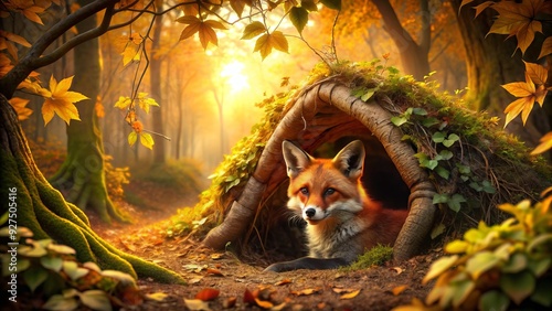 Cozy fox den nestled in autumnal underbrush, warm golden light illuminating the rustic hollow, surrounded by fallen leaves and twisted vines. photo