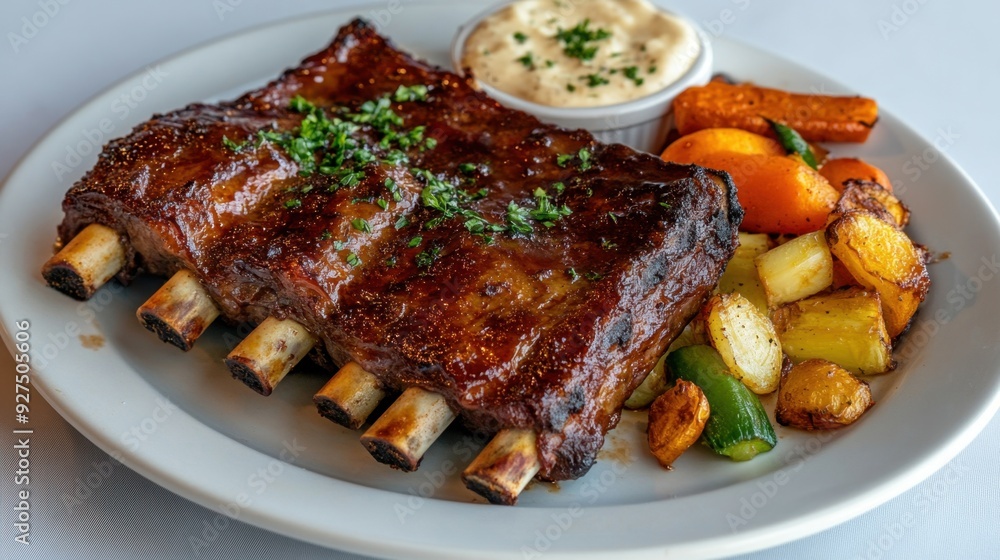A plate of tender, slow-roasted beef ribs, with a caramelized crust and a side of roasted vegetables A plate of tender, slow-roasted beef ribs, with a caramelized crust and a side of roasted vegetables