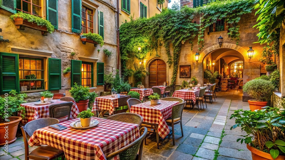 Cozy Italian restaurant in Pisa, Italy, with outdoor seating and checkered tablecloths, surrounded by ancient architecture and lush greenery. Cozy Italian restaurant in Pisa, Italy, with outdoor seating and checkered tablecloths, surrounded by ancient architecture and lush greenery.