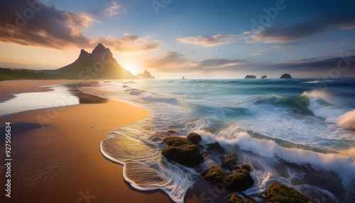 Plage ensoleillée avec montagnes en arrière-plan