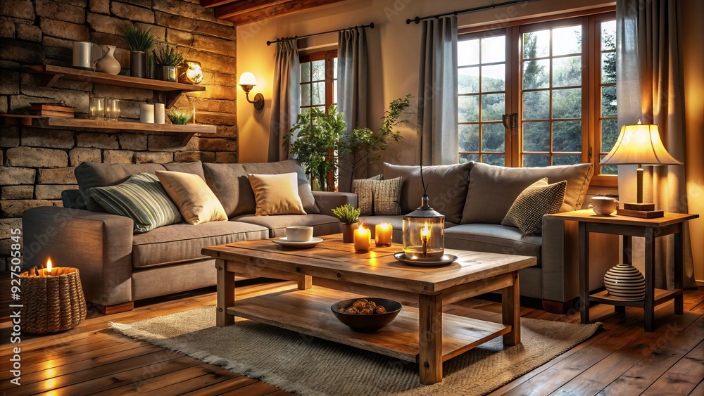 Cozy living room with comfortable sofa, rustic wood coffee table, and warm lighting, creating a peaceful atmosphere for relaxation and quality time together. Cozy living room with comfortable sofa, rustic wood coffee table, and warm lighting, creating a peaceful atmosphere for relaxation and quality time together.