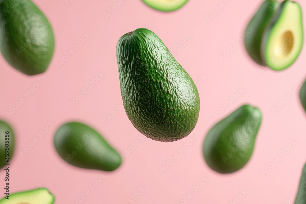 Avocado with cut half sliced flying in the air isolated on pink background. Falling avocado fruit Avocado with cut half sliced flying in the air isolated on pink background. Falling avocado fruit