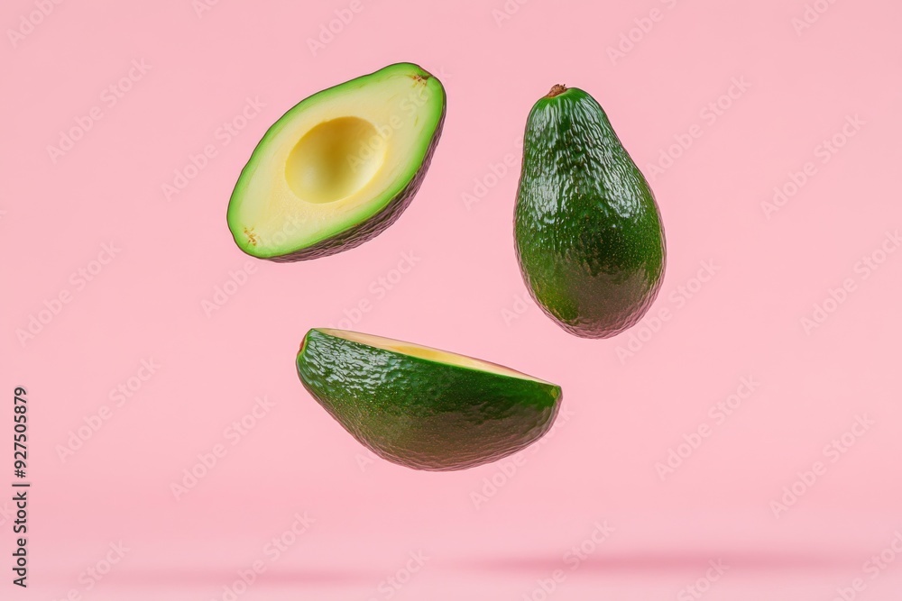 Avocado with cut half sliced flying in the air isolated on pink background. Falling avocado fruit Avocado with cut half sliced flying in the air isolated on pink background. Falling avocado fruit