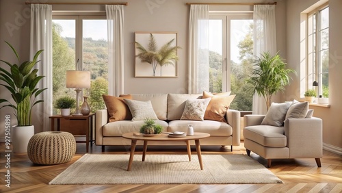 Cozy living room with plush beige sofa, cream-colored rug, and natural elements, evoking a sense of peacefulness and serenity in a calming home atmosphere.