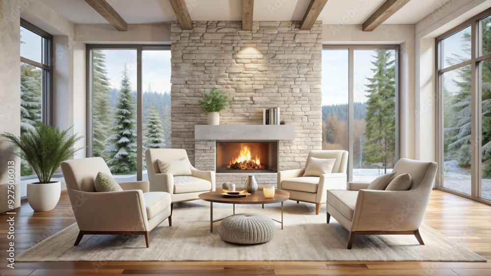 Cozy minimalist white room with a crackling stone fireplace, plush cream-colored armchairs, and floor-to-ceiling windows flooding the space with warm natural light. Cozy minimalist white room with a crackling stone fireplace, plush cream-colored armchairs, and floor-to-ceiling windows flooding the space with warm natural light.