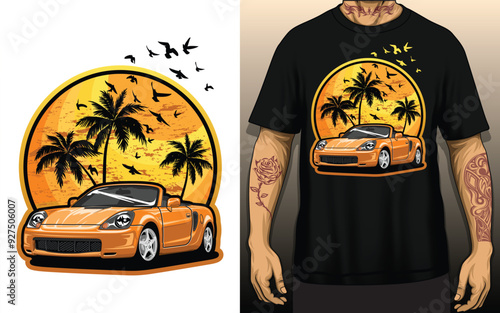 Retro car on sunset with palm tree t shirt design