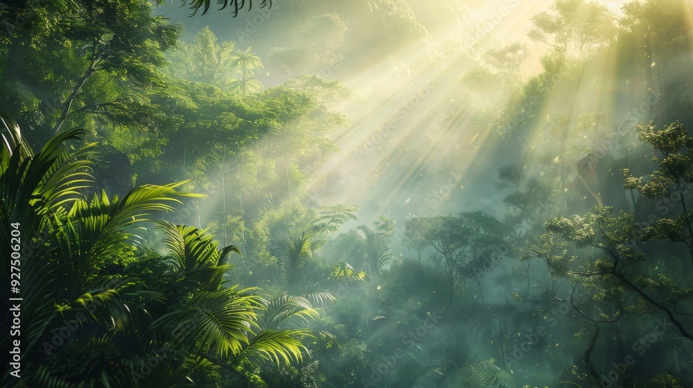 Obraz premium Sunlight Breaking Through Dense Rainforest Canopy.