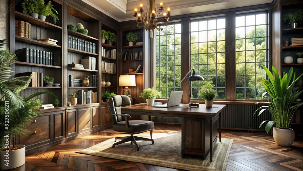 Cozy modern study with dark wooden desk, greenery, and vintage decorative objects, surrounded by floor-to-ceiling bookshelves and large windows filtering soft natural light. Cozy modern study with dark wooden desk, greenery, and vintage decorative objects, surrounded by floor-to-ceiling bookshelves and large windows filtering soft natural light.