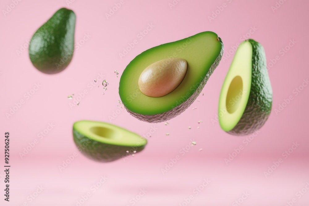 Avocado with cut half sliced flying in the air isolated on pink background. Falling avocado fruit Avocado with cut half sliced flying in the air isolated on pink background. Falling avocado fruit