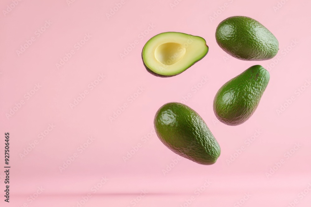 Avocado with cut half sliced flying in the air isolated on pink background. Falling avocado fruit Avocado with cut half sliced flying in the air isolated on pink background. Falling avocado fruit