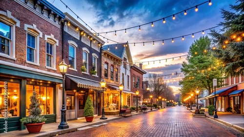 Cozy small town main street scene on a crisp Saturday morning, with boutique shops, cafes, and historic buildings adorned with twinkling string lights.