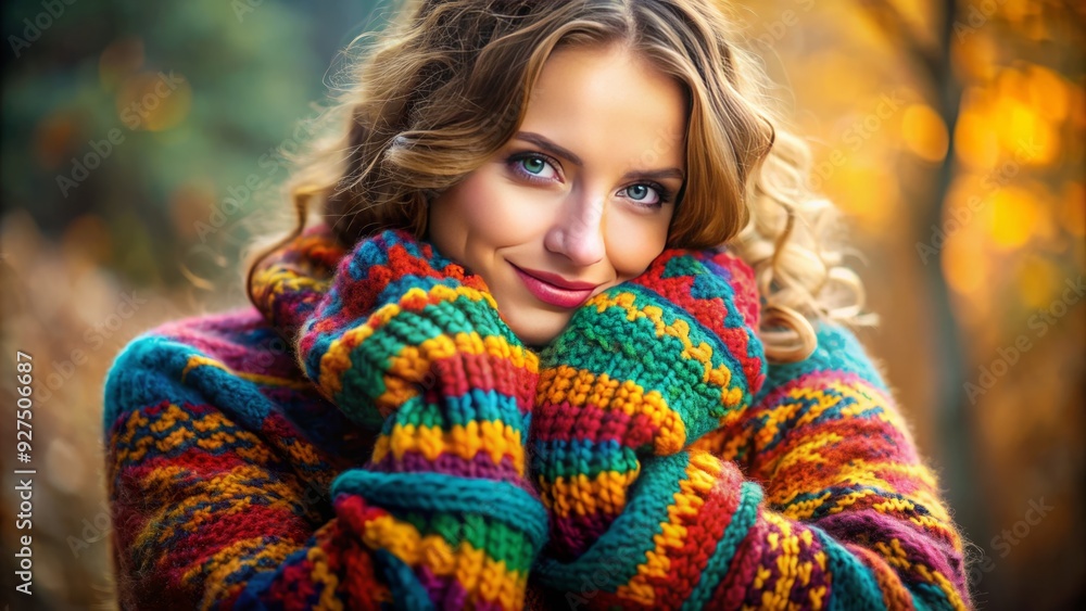 Cozy woman wrapped in a vibrant, oversized, intricately knitted sweater, embracing warmth and comfort, with soft focus and natural lighting. Cozy woman wrapped in a vibrant, oversized, intricately knitted sweater, embracing warmth and comfort, with soft focus and natural lighting.