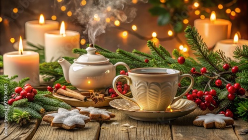 Wallpaper Mural Cozy winter scene featuring a steaming teapot, festive holiday cookies, and a delicate china cup adorned with holly, surrounded by twinkling candles and evergreen branches. Torontodigital.ca