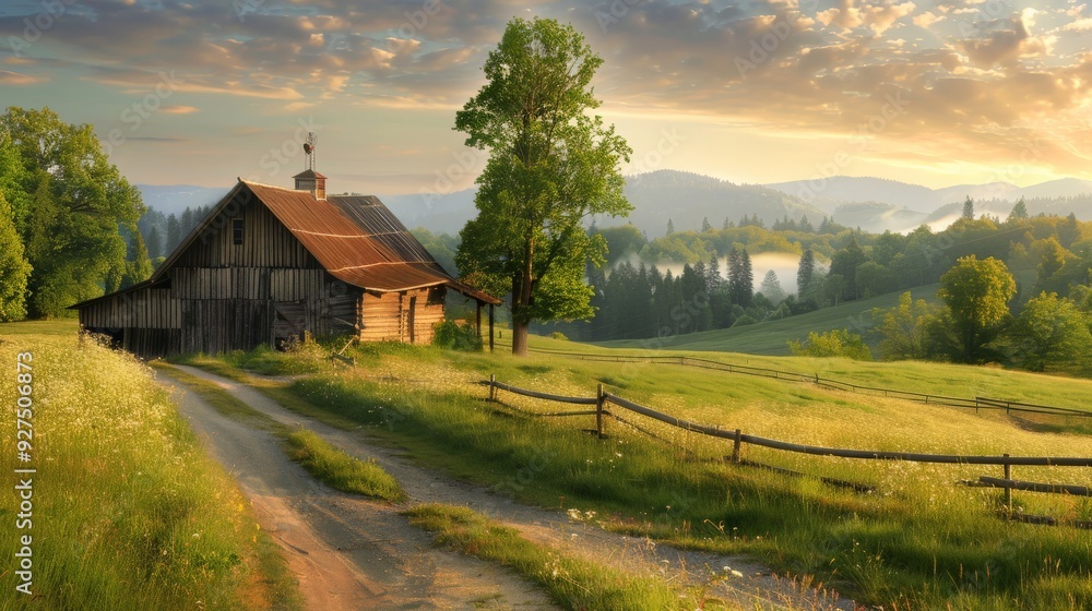 Rustic Cabin in a Mountain Valley at Sunrise. Rustic Cabin in a Mountain Valley at Sunrise.