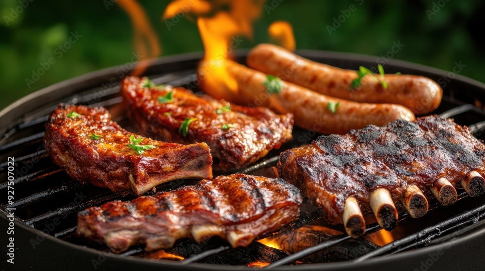 A rustic outdoor barbecue with a variety of meats including ribs, brisket, and sausages, sizzling over an open flame, surrounded by lush greenery A rustic outdoor barbecue with a variety of meats including ribs, brisket, and sausages, sizzling over an open flame, surrounded by lush greenery