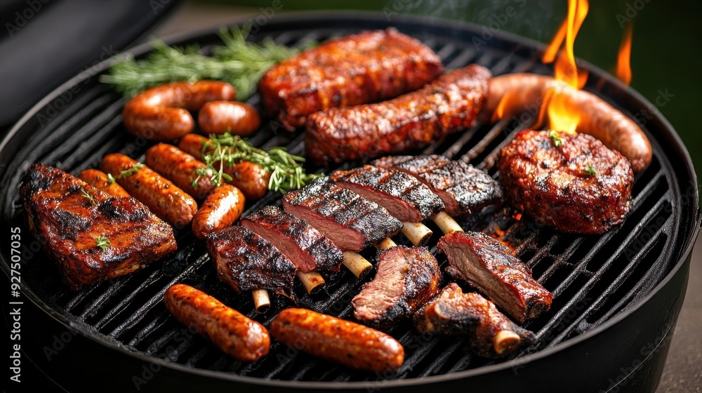 A rustic outdoor barbecue with a variety of meats including ribs, brisket, and sausages, sizzling over an open flame, surrounded by lush greenery A rustic outdoor barbecue with a variety of meats including ribs, brisket, and sausages, sizzling over an open flame, surrounded by lush greenery