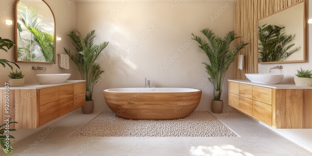 Fototapeta premium A modern bathroom with wooden cabinets, warm lighting, and a freestanding tub.