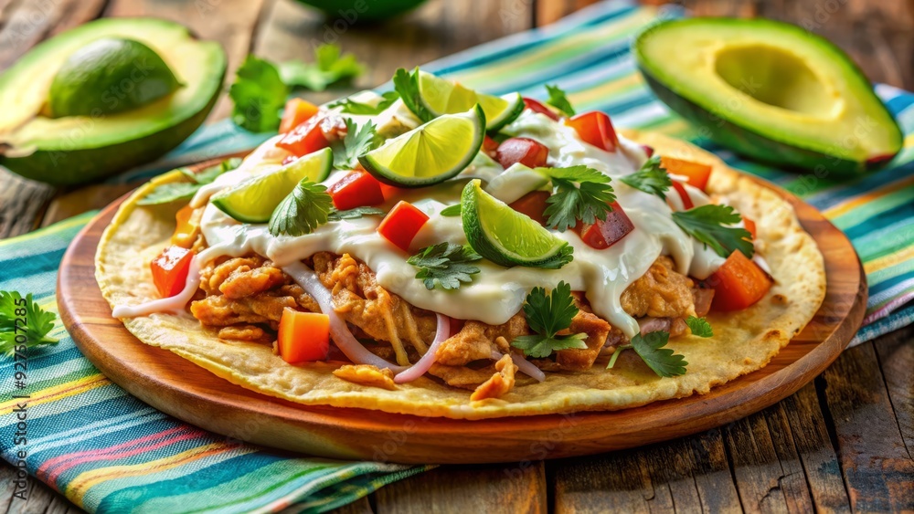 Crispy corn tortilla topped with juicy shredded chicken, creamy sliced avocado, fresh cilantro, and tangy sour cream, on a vibrant colorful background. Crispy corn tortilla topped with juicy shredded chicken, creamy sliced avocado, fresh cilantro, and tangy sour cream, on a vibrant colorful background.