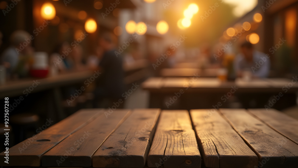 A rustic wooden table top at sunset in an outdoor beer garden, with people socializing in the background under warm lighting A rustic wooden table top at sunset in an outdoor beer garden, with people socializing in the background under warm lighting