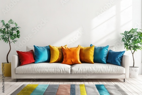 Modern living room with a white sofa adorned with colorful pillows and indoor plants, creating a vibrant and cozy atmosphere