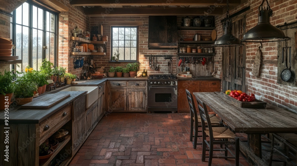 Rustic kitchen with brick walls, wooden cabinets, and a farmhouse table. Rustic kitchen with brick walls, wooden cabinets, and a farmhouse table.