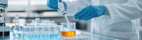 A scientist in a lab manipulating a pipette, showcasing precise measurement in a laboratory setting with colorful liquids.