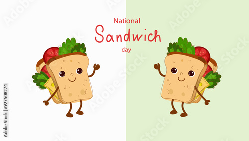 Vector hand drawn illustration of cartoon character cute smiling sandwich with cheese and vegetables isolated on pastel background. National sandwich day. Vector hand drawn doodle cartoon illustration
