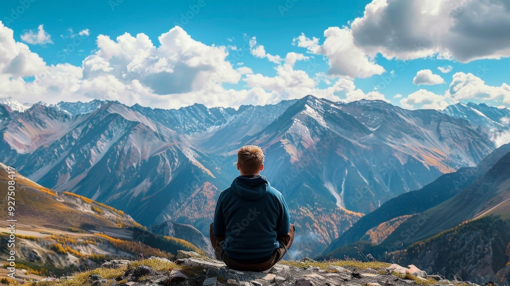 Fototapeta premium Man Sitting On A Cliff Top, Looking Out At Mountain Range.