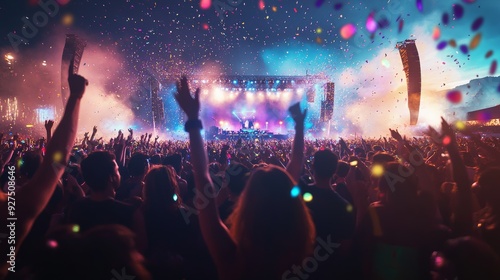 Vibrant outdoor music festival at sunset, a sea of people dancing under colorful lights, large stage with a famous DJ performing, festive atmosphere with glow sticks and confetti in the air photo