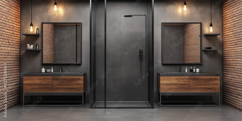 Fototapeta premium A rustic bathroom with wooden cabinets, dark tiles, and warm lighting.