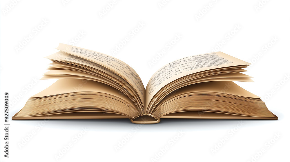 Open book with pages in mid-turn, showcasing flowing text isolated on white background Open book with pages in mid-turn, showcasing flowing text isolated on white background