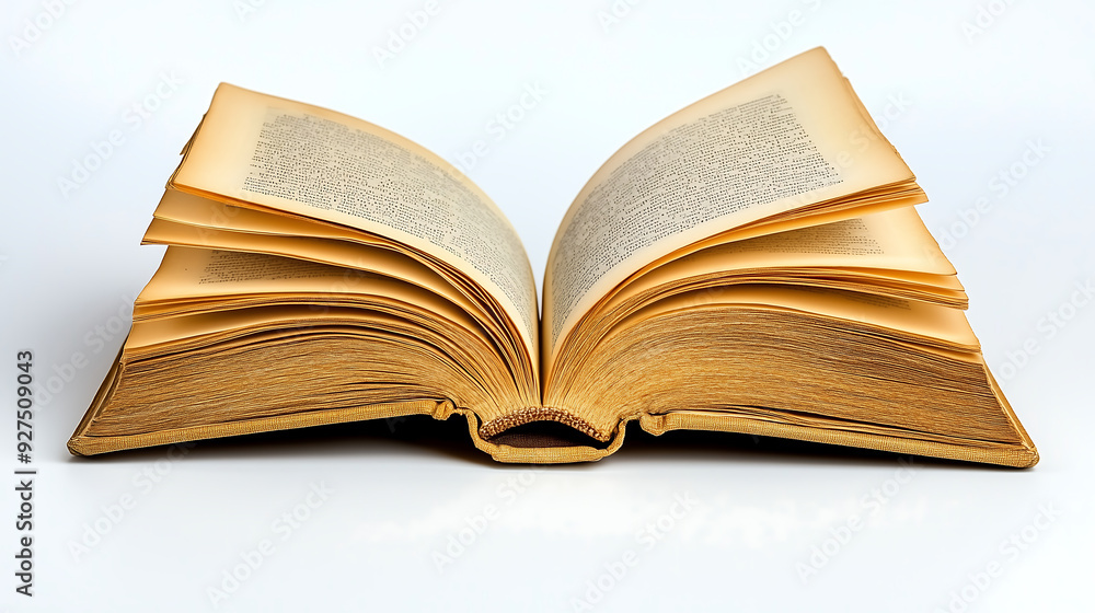 Open book displaying aged, yellowed pages with text isolated on white background Open book displaying aged, yellowed pages with text isolated on white background