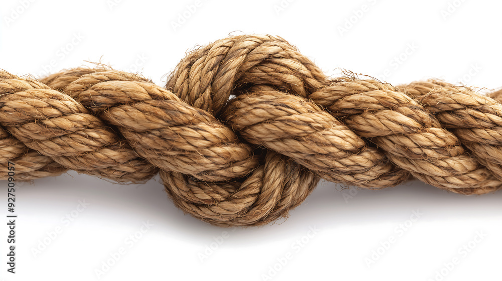 Close-up of a thick, natural rope tied in a strong knot isolated on white background Close-up of a thick, natural rope tied in a strong knot isolated on white background