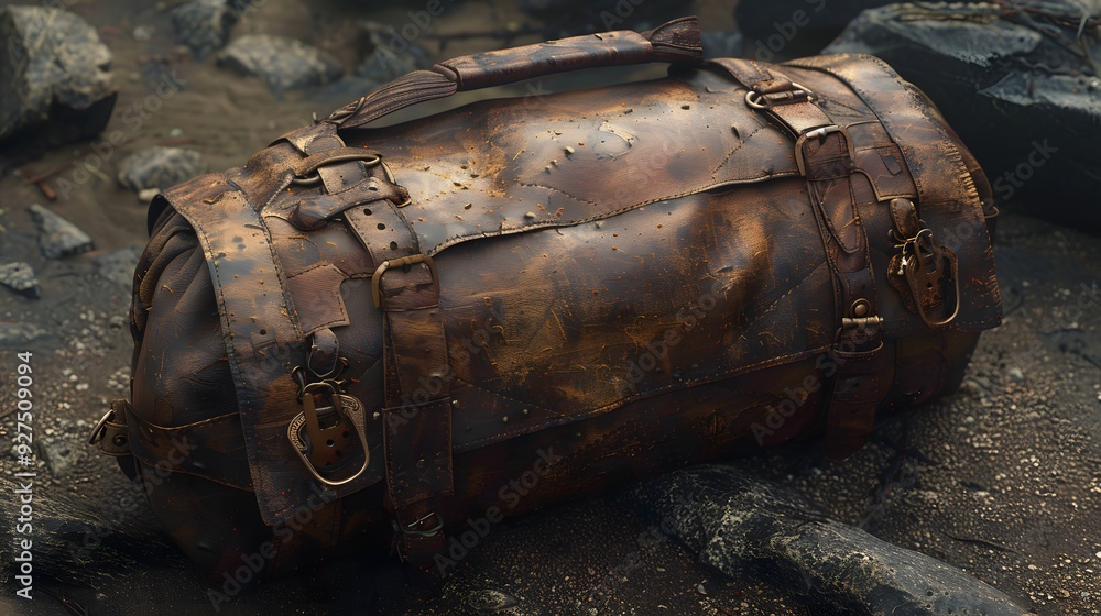 Worn Leather Travel Bag on Rough Terrain. Worn Leather Travel Bag on Rough Terrain.