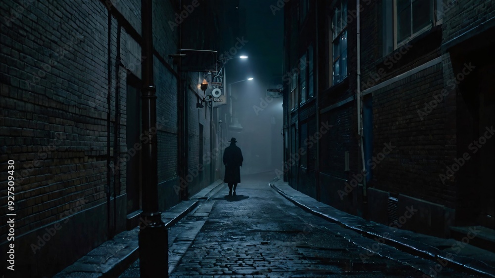 A solitary figure walks along a dimly lit cobblestone alley at night in a historic urban setting A solitary figure walks along a dimly lit cobblestone alley at night in a historic urban setting