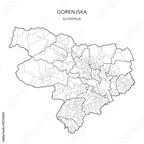 Administrative Map of the Upper Carniola Statistical Region (Gorenjska) with Municipalities (Občine) and Settlements (Naselja) as of 2024 - Slovenia - Vector Map photo