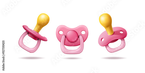 3d realistic vector icon illustration set. Pink baby girl pacifier in front side view. Isolated.