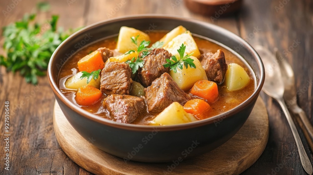 A serving of traditional Irish stew, with tender pieces of lamb, potatoes, and carrots, in a rich broth A serving of traditional Irish stew, with tender pieces of lamb, potatoes, and carrots, in a rich broth
