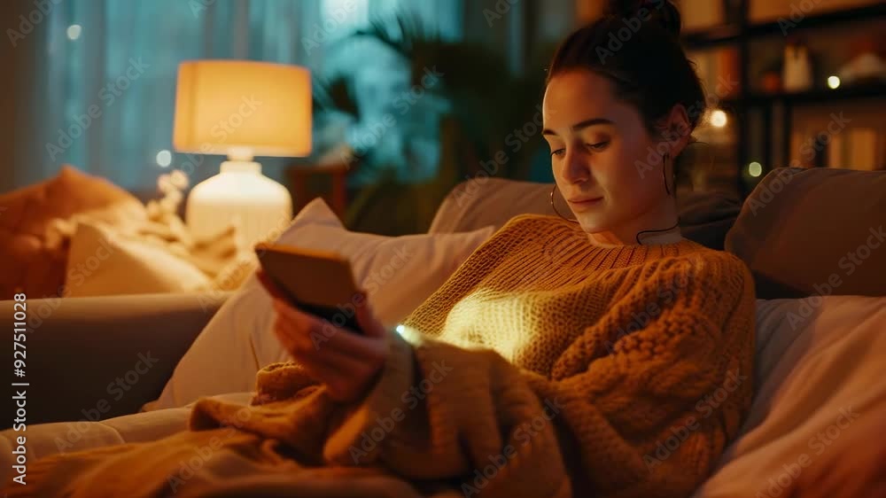 Young Woman Reading Smartphone on Couch, Cozy Evening at Home Young Woman Reading Smartphone on Couch, Cozy Evening at Home