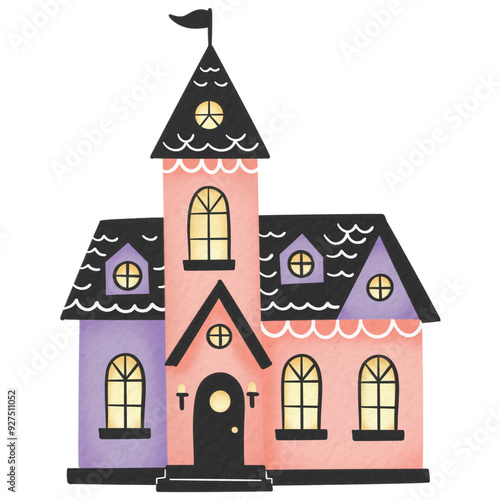 Watercolor illustration of a whimsical haunted house with vibrant colors