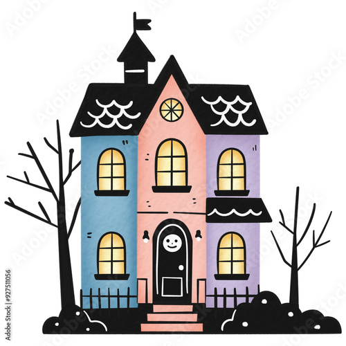 Watercolor illustration of a playful haunted house with glowing windows and a pastel color scheme