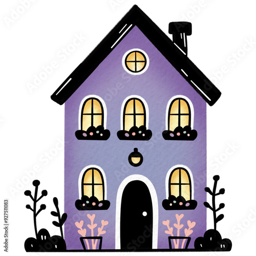 Watercolor illustration of a charming haunted house with glowing windows and a purple facade