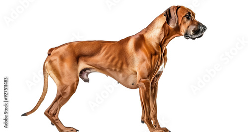 A Muscular And Alert Rhodesian Ridgeback Dog Stands In Profile Against A White Background.