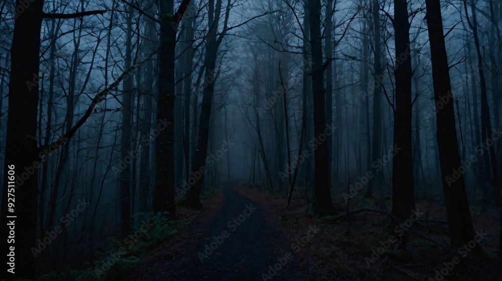 Naklejka premium Misty forest path at dusk with tall trees and fog enveloping the landscape