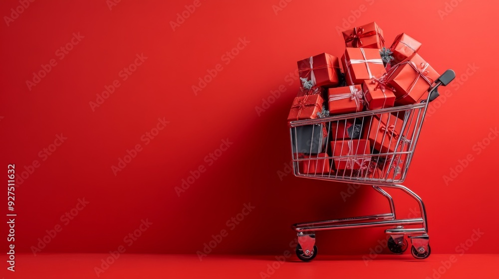 Shopping cart full of gift boxes on red background. Supermarket trolley with presents. Discounts, sales and promotions Shopping cart full of gift boxes on red background. Supermarket trolley with presents. Discounts, sales and promotions